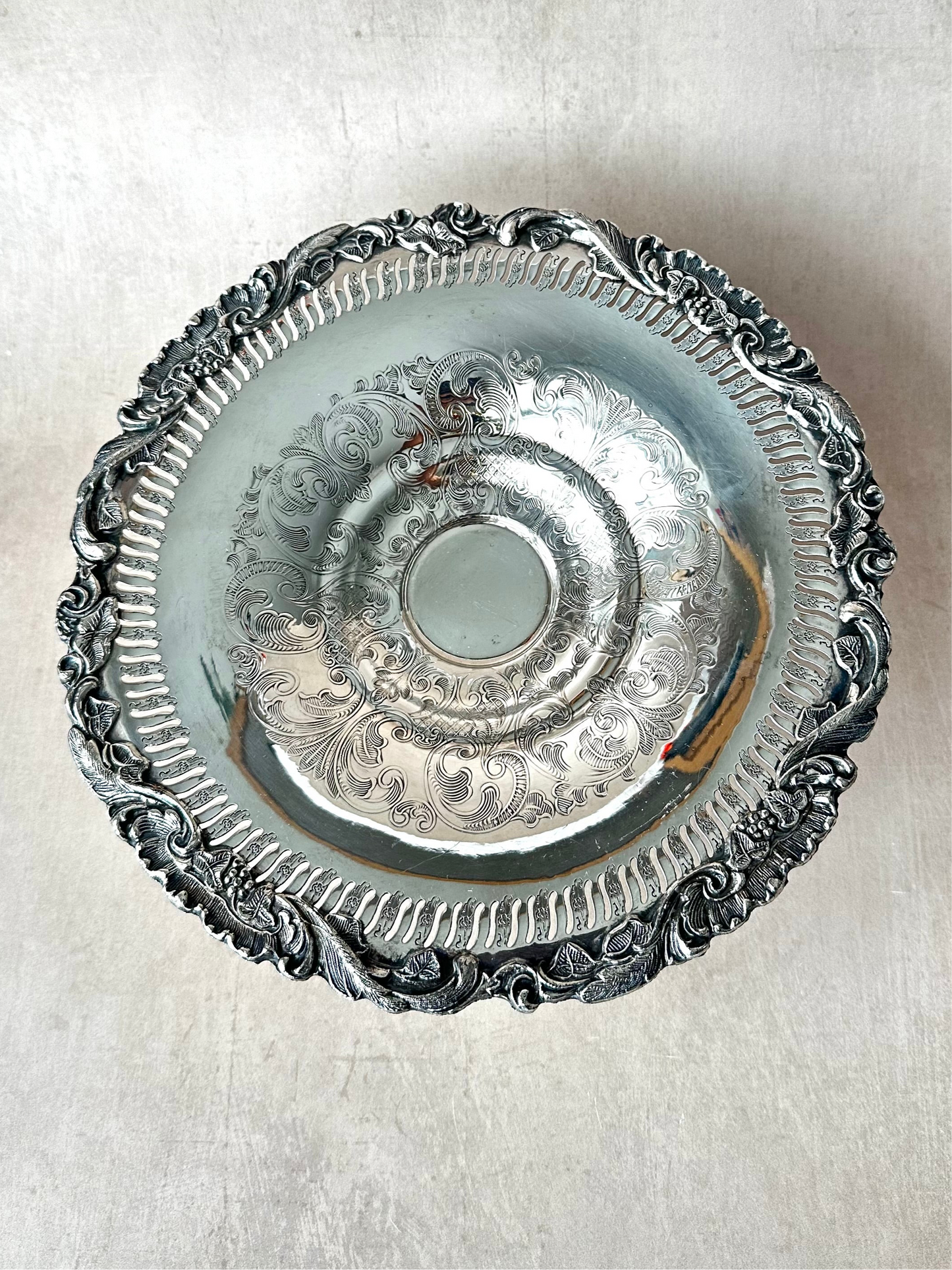 Small Silver Plated Pedestal Pierced Engraved Edge Sheffield Reproduction