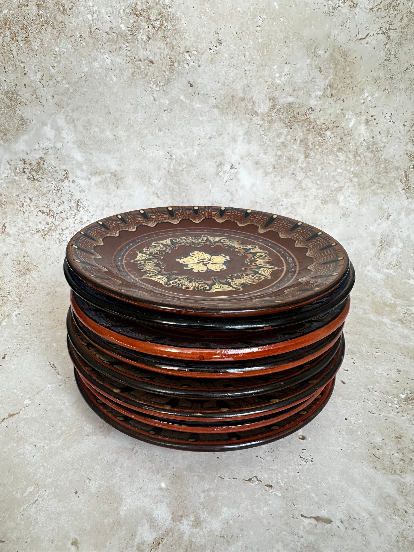 Assortment of Missoni inspired plate Troyan bulgarian 1960 hand painted red clay pottery