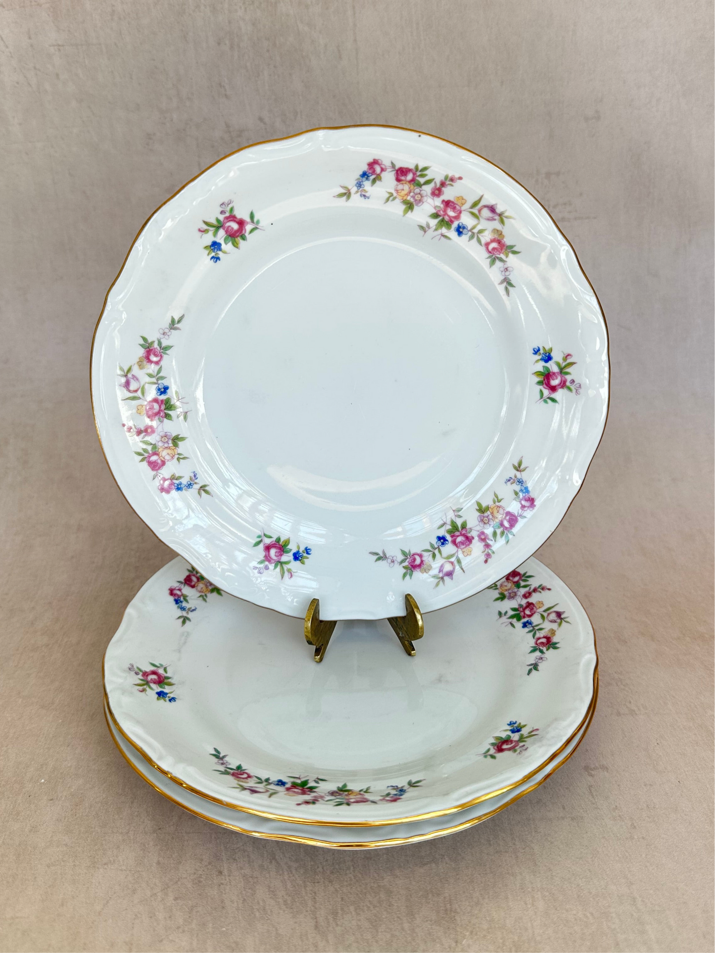 Set of 6 Vintage Chodziez Poland Gold and Floral Dessert Dishes