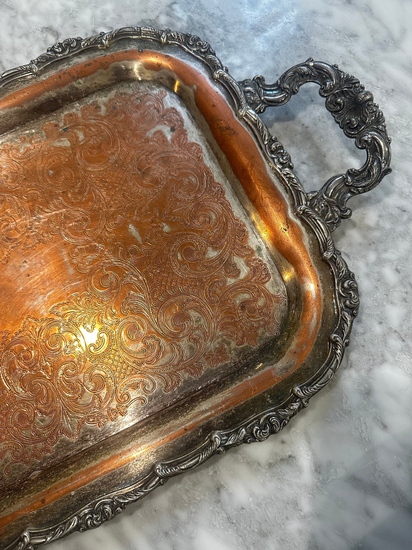 Silver Plated Handled Serving Tray with Patine