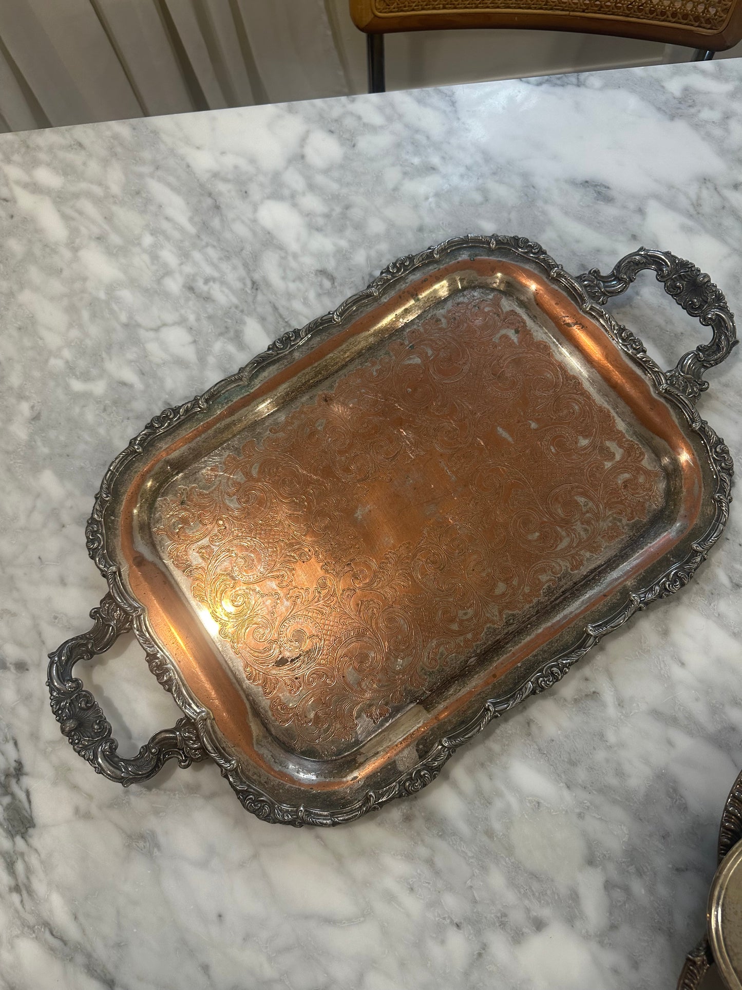 Silver Plated Handled Serving Tray with Patine