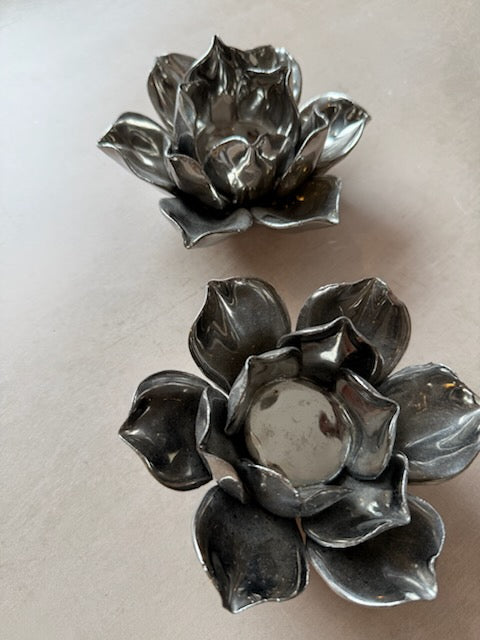 Set of Porcelain Handmade Metallic Silver Lotus Flower Shape Tealight, Candle Holder