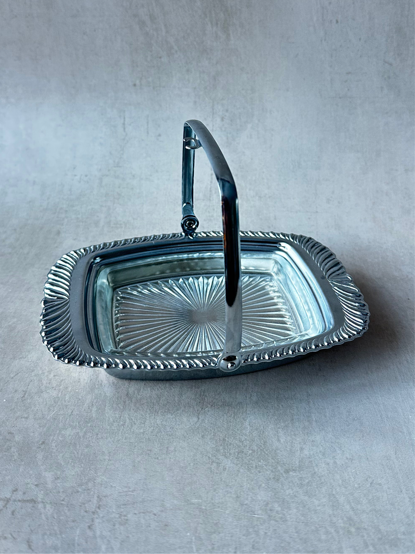 Vintage Glass and Chrome Dish for Condiment with Spoon Stand