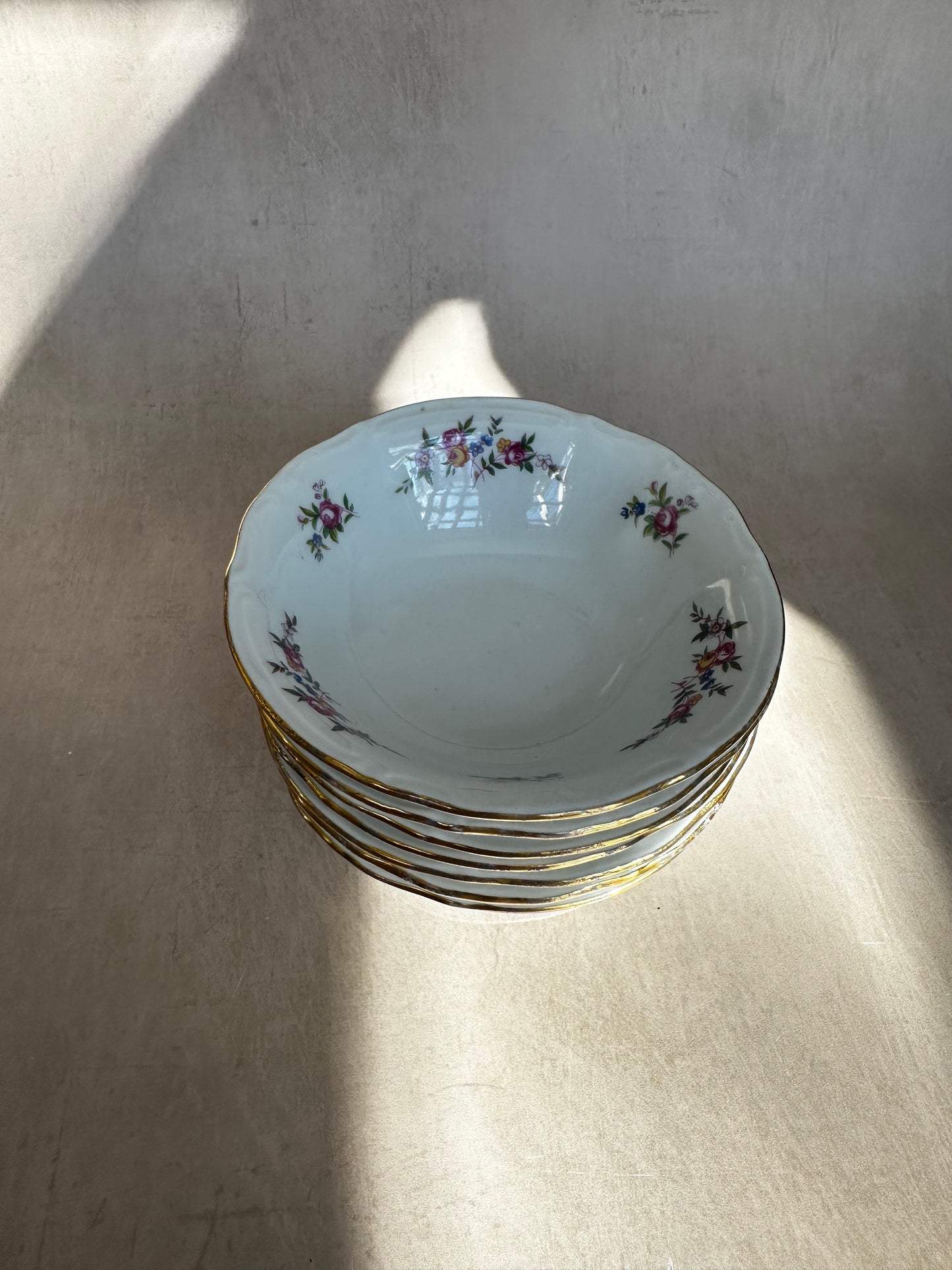 Vintage Chodziez Poland Gold and Floral Serving Dish and 7 Dessert Bowls
