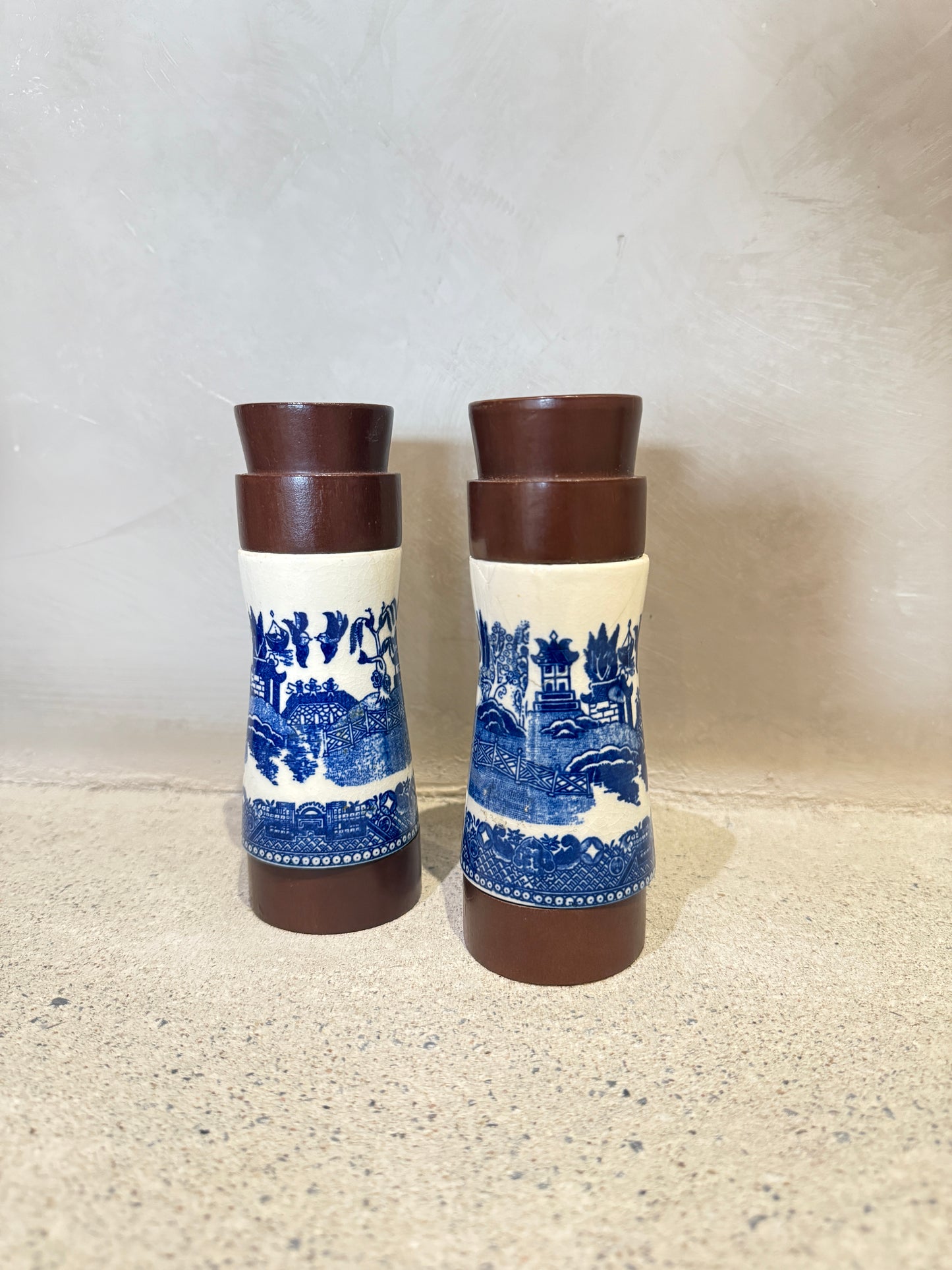 Cherry wood and blue printed ceramic salt and pepper shaker