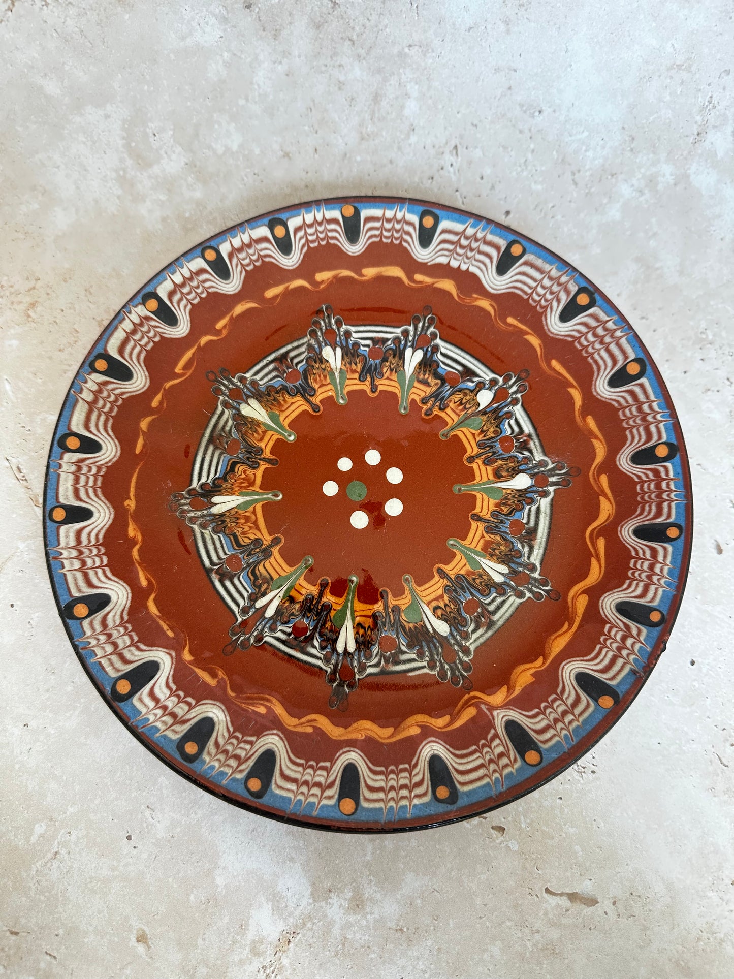 Assortment of Missoni inspired plate Troyan bulgarian 1960 hand painted red clay pottery