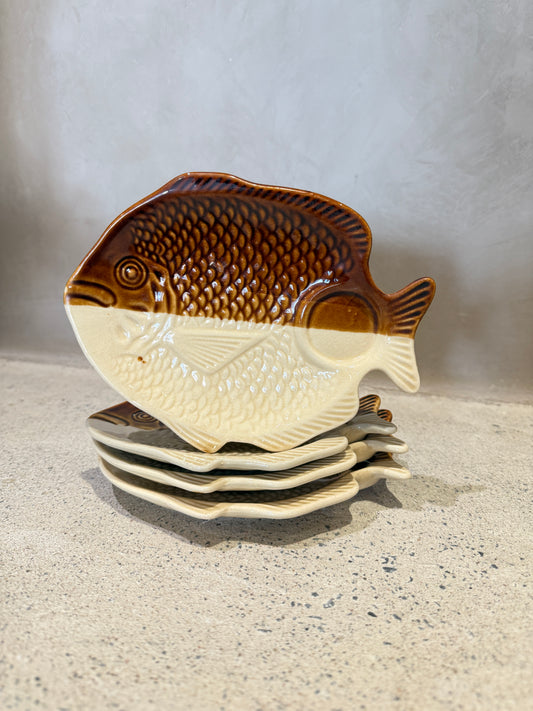 Set of 4 Beige & Brown Small Appetizer Fish Plates