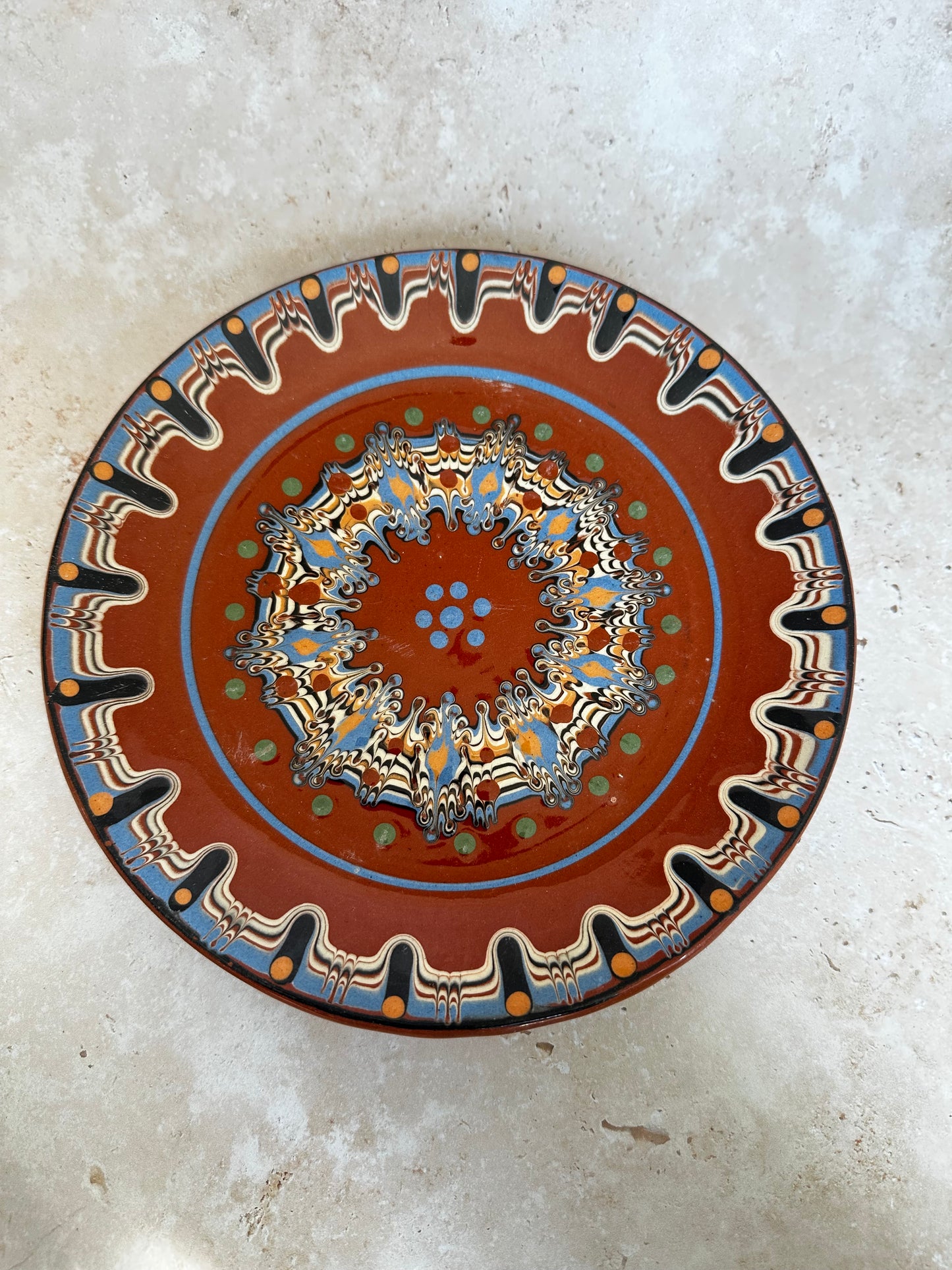 Assortment of Missoni inspired plate Troyan bulgarian 1960 hand painted red clay pottery
