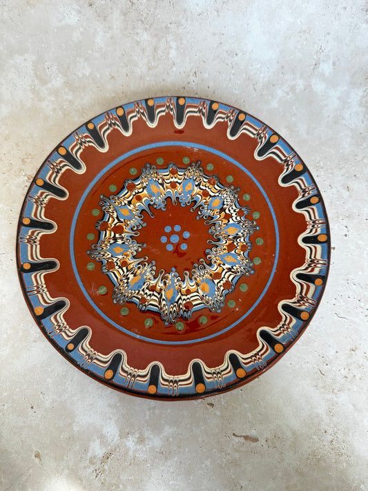 Assortment of Missoni inspired plate Troyan bulgarian 1960 hand painted red clay pottery