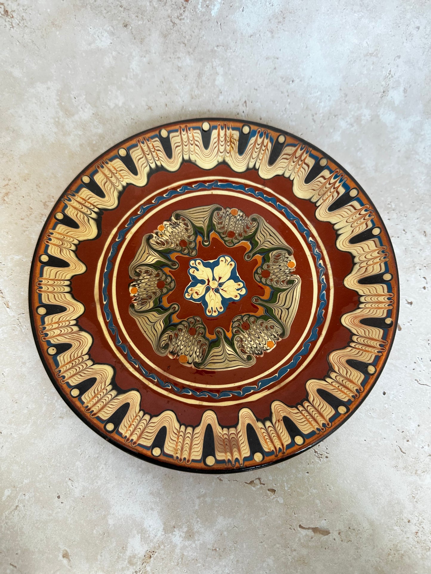Assortment of Missoni inspired plate Troyan bulgarian 1960 hand painted red clay pottery