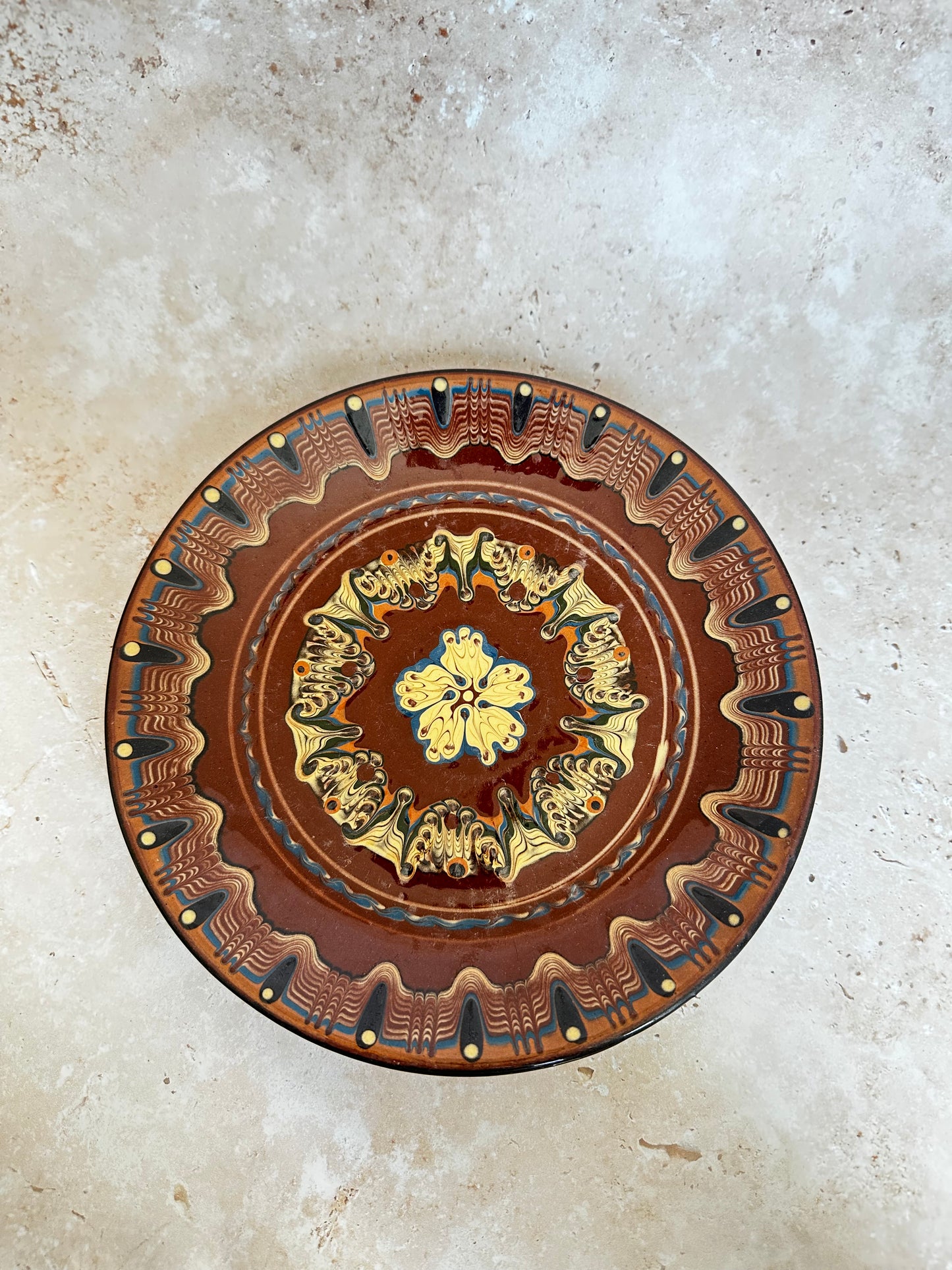 Assortment of Missoni inspired plate Troyan bulgarian 1960 hand painted red clay pottery
