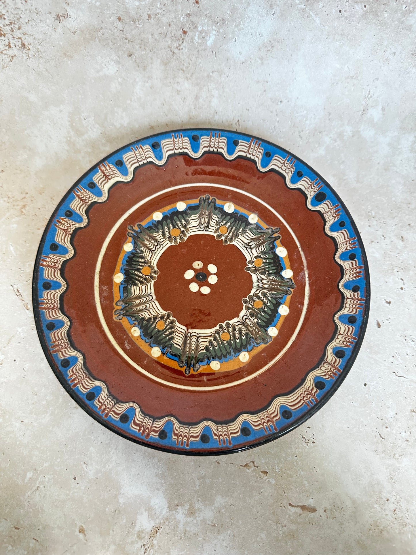 Assortment of Missoni inspired plate Troyan bulgarian 1960 hand painted red clay pottery