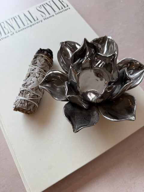 Set of Porcelain Handmade Metallic Silver Lotus Flower Shape Tealight, Candle Holder