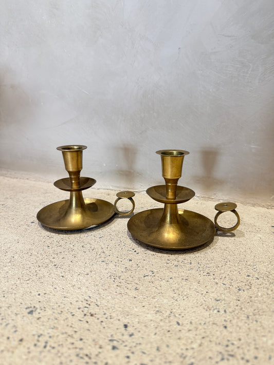 Set of Two Brass Fingerhold Candlestick Holder