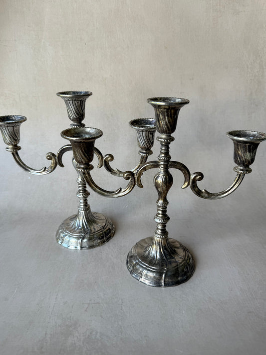 Pair of Three Arm Antique Silver Plated Candelabra