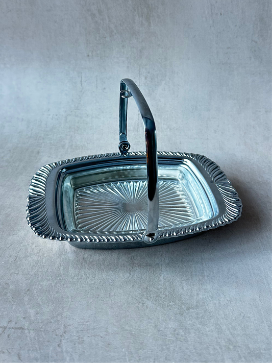 Plat à condiments vintage en verre et chrome avec support pour cuillère