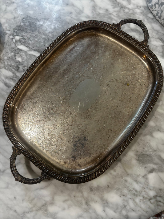 Antique Silver Handled Serving Tray with Shell detail