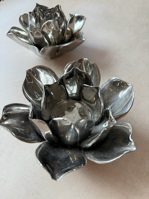 Set of Porcelain Handmade Metallic Silver Lotus Flower Shape Tealight, Candle Holder