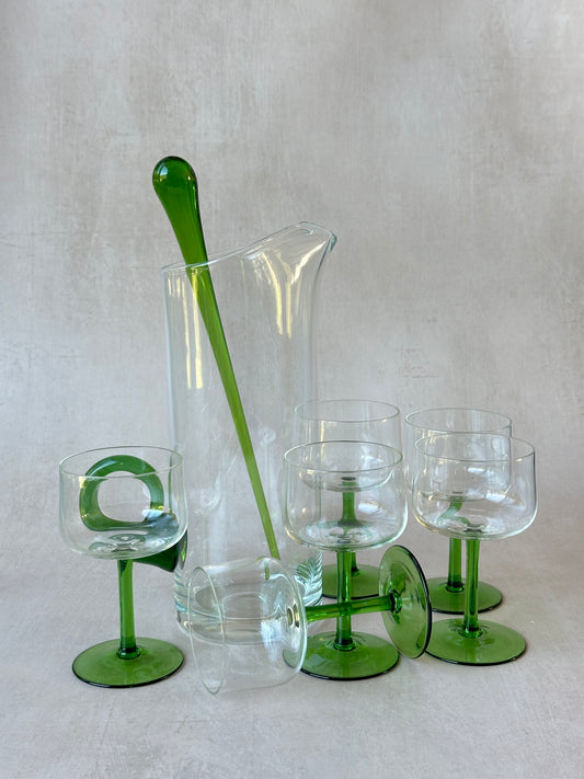 Tall Glass Pitcher with Six Coupes