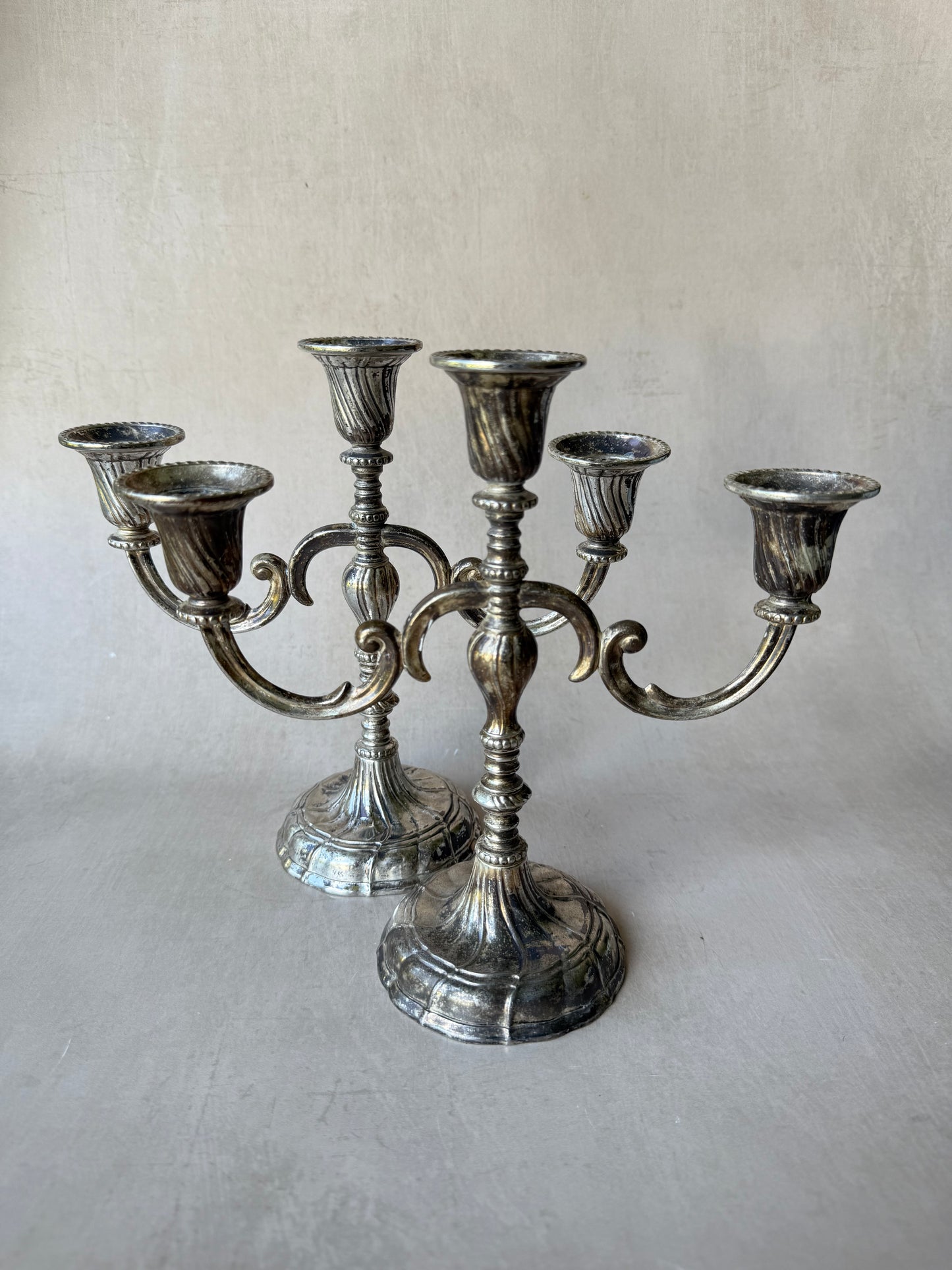 Pair of Three Arm Antique Silver Plated Candelabra