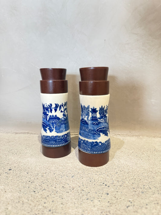 Cherry wood and blue printed ceramic salt and pepper shaker