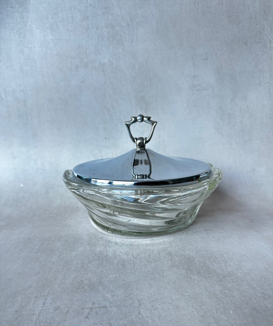 Bol de service en verre vintage avec couvercle en acier inoxydable Vaisselle de service rétro