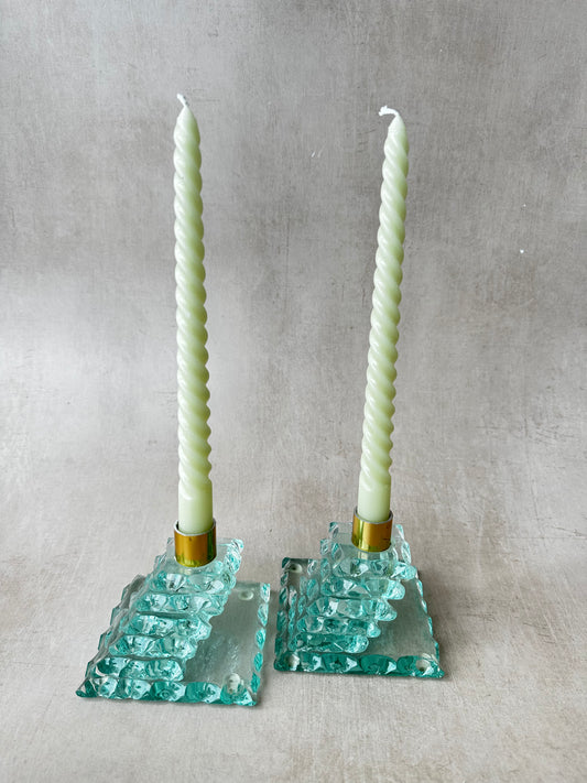 Set of Two Waterfall Mint Glass Candle Holder