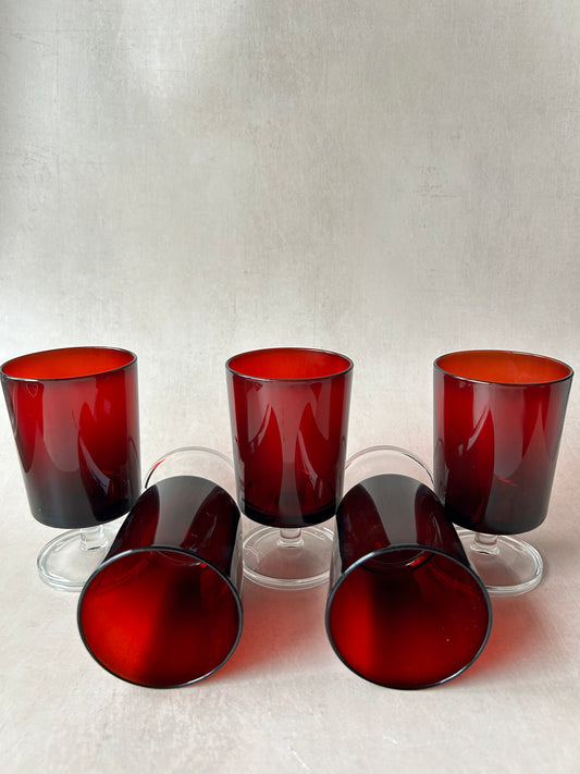 Lot de 8 verres à eau vintage MCM Luminarc "Cavalier Ruby" par Cristal D'arques (1970)