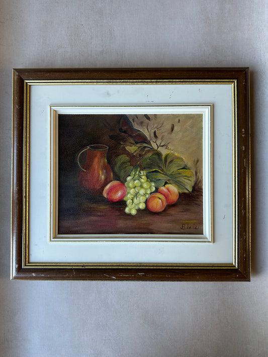 Tableau vintage sur cadre en bois fruits Signé Blais