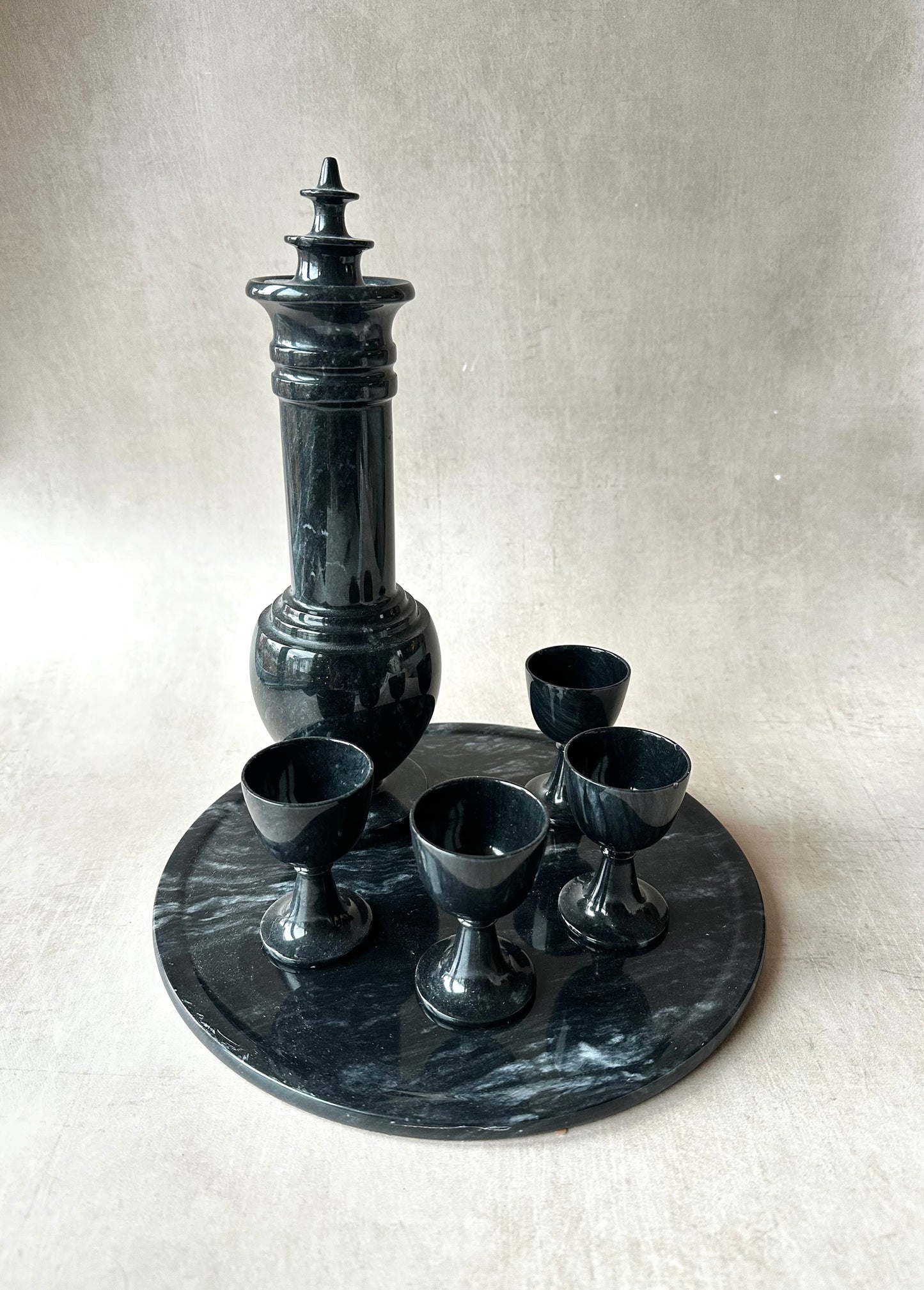 Set of Black Marble Digestif Carafe, 4 small cups and a tray